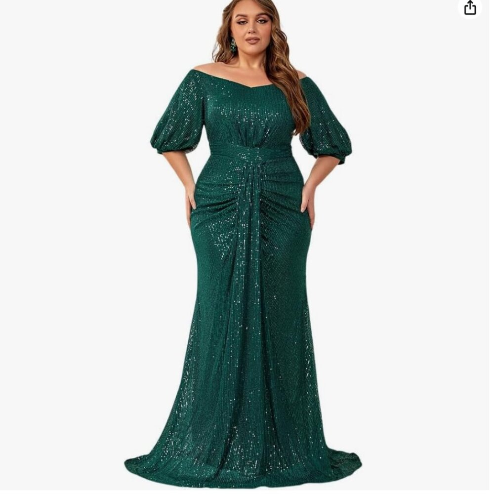 Giffniseti Plus Size Off Shoulder Puff Sleeve Sequin Evening Dress (Green, 1XL)